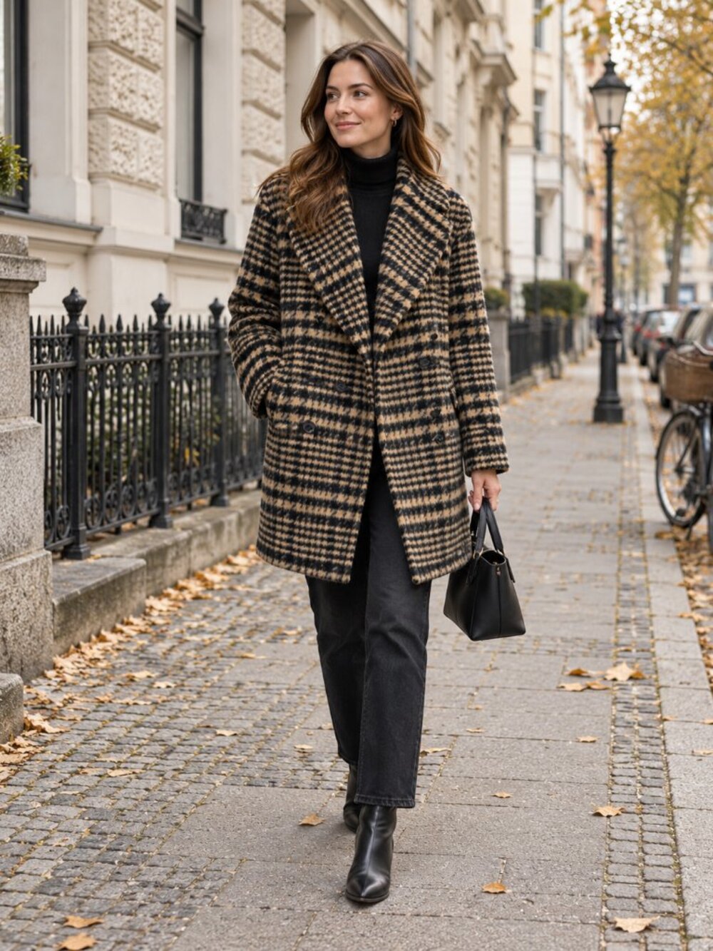 Avec Les Filles Houndstooth Plaid Double-Breasted Wool Blend Coat XS